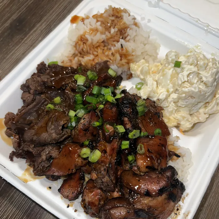 Ohana Combo Plate with teriyaki chicken, teriyaki beef, rice and mac salad